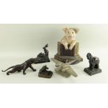 ASSORTED METAL ORNAMENTS, including art deco spelter sculpture of two hares nibbling lettuce after