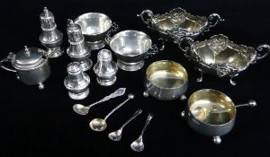 ASSORTED SILVER CRUETS, comprising pair of late Victorian rococo-style oval salts, two pairs of