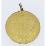 AUSTRIAN 4 DUCAT GOLD COIN, 1915, Franz Joseph I facing right, in pendant mount, 15.2gms Provenance: