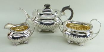 EDWARD VII SILVER THREE-PIECE TEA SET, Barnard & Sons, London 1907, gadrooned rim with shell and