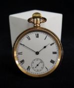 EQUITY GOLD PLATED POCKET WATCH, open faced top wind, with white enamel dial and roman hours,