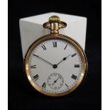 EQUITY GOLD PLATED POCKET WATCH, open faced top wind, with white enamel dial and roman hours,