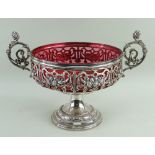 W. M. F. ELECTROPLATED COMPORT, pierced trellis and fruit embossed sides, caryatid scroll handled