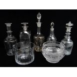 ASSORTED GLASS DECANTERS & BOWLS, including 19th Century cut glass square spirit decant and stopper,