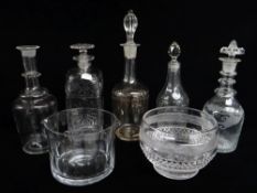 ASSORTED GLASS DECANTERS & BOWLS, including 19th Century cut glass square spirit decant and stopper,