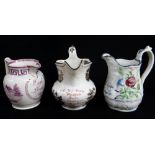 THREE DOCUMENTARY ANTIQUE WELSH POTTERY OR WELSH RELATED JUGS comprising (1) pearlware pink lustre