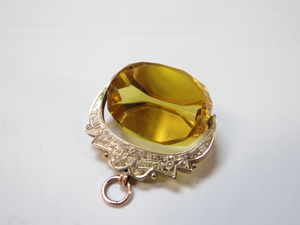 9CT GOLD REVOLVING CITRINE FOB, on long 9ct gold guard chain, 150cms long, 35.3gms overall - Image 5 of 8