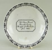 DOCUMENTARY POTTERY SAUCER DISH OF SOMERSET INTEREST centre inscription in cartouche 'Old Cleeve