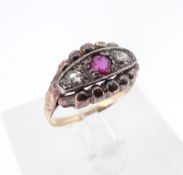 YELLOW METAL RUBY & DIAMOND THREE-STONE RING, ring size O, 2.5gms Provenance: deceased estate