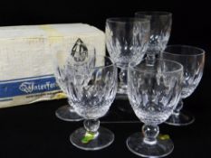 SIX WATERFORD CUT GLASS GOBLETS, 10oz., thumb slice, marked to bases with stickers and in original