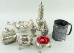 ASSORTED ANTIQUE SILVER TABLEWARE, including George III crested mustard, pair George III caldron