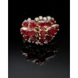 YELLOW GOLD RUBY & DIAMOND CLUSTER RING, of tiered design, ring size J / K, 6.4gms Provenance:
