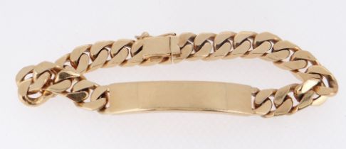 18CT YELLOW GOLD ID BRACELET, having chunky flat links, stamped '750', 21.5cms long, 76.2gms