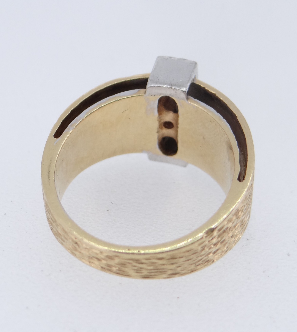 18CT YELLOW & WHITE GOLD FIVE-STONE DIAMOND RING, having textured shank, stamped 'K18', ring size O, - Image 2 of 2