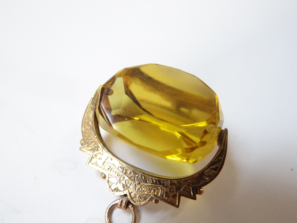 9CT GOLD REVOLVING CITRINE FOB, on long 9ct gold guard chain, 150cms long, 35.3gms overall - Image 7 of 8