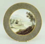 ROYAL WORCESTER CABINET PLATE PAINTED WITH WELSH CHURCH SCENE, landscape with two figures, titled to