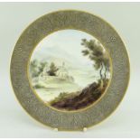 ROYAL WORCESTER CABINET PLATE PAINTED WITH WELSH CHURCH SCENE, landscape with two figures, titled to