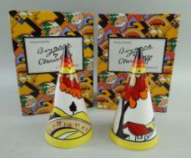 TWO WEDGWOOD CLARICE CLIFF 'HOUSE & BRIDGE' CONICAL SUGAR CASTERS, limited edition (88/500 & 99/500)