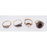 ASSORTED RINGS comprising two diamond set rings, 18ct gold garnet and diamond cluster ring and a