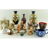ASSORTED DECORATIVE CERAMICS, GLASS, CLOISONNE, & A CLOCK, including eight Hummel figurines, pair of