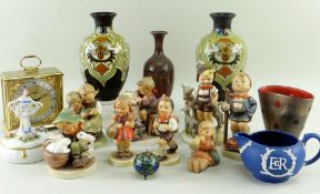 ASSORTED DECORATIVE CERAMICS, GLASS, CLOISONNE, & A CLOCK, including eight Hummel figurines, pair of