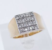 18CT GOLD DIAMOND RING, square design set with sixteen diamonds, stamped '750', ring size S, 14.7gms