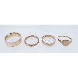 FOUR 9CT GOLD RINGS, three plain and one signet, 14.7gms overall (4) Provenance: deceased estate