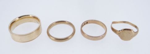 FOUR 9CT GOLD RINGS, three plain and one signet, 14.7gms overall (4) Provenance: deceased estate