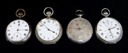 FOUR OPEN FACE POCKET WATCHES comprising one silver example and thee others (4) Provenance: deceased