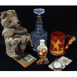 ASSORTED CERAMICS, GLASS, TOYS & POCKET WATCH, including modern silver mounted cut glass decanter,