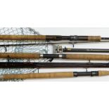 FISHING: ASSORTED FLY FISHING ITEMS including a folding Hardy landing net, three modern rods and