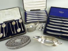 ASSORTED SILVER COLLECTABLES & BOXED CUTLERY / FLATWARE, including a pierced oval dressing table