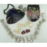 ASSORTED JEWELLERY comprising two beaded ladies handbags, bone elephant necklace, a pierced