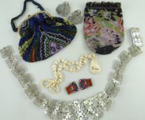 ASSORTED JEWELLERY comprising two beaded ladies handbags, bone elephant necklace, a pierced