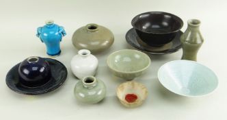 ASSORTED CHINESE CELADONS & MONOCHROMES, including two celadon jarlets, conical bowl and vase, Henan
