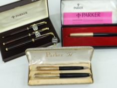 GROUP OF BOXED VINTAGE PARKER PENS, including black 51 fountain pen and pencil, black 51, three