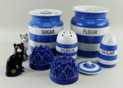 FOUR T. G. GREEN & CO. LTD. BLUE BANDED KITCHEN WARES, two jars titled 'Sugar' and 'Flour', two