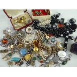 ASSORTED COSTUME & DRESS JEWELLERY comprising Albert chains and plated bracelet, cufflinks, coins,