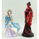 TWO ROYAL DOULTON BONE CHINA FIGURINES comprising Flambé glazed 'The Geisha' HN 3229 exclusively fo