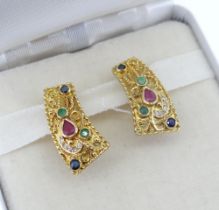 PAIR OF YELLOW GOLD MULTI-GEM EARRINGS, of tapering curved shape, stamped '750', 7.6gms