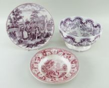 THREE SWANSEA POTTERY ITEMS WITH PUCE / PINK TRANSFER being a moulded, pedestal fruit bowl with '