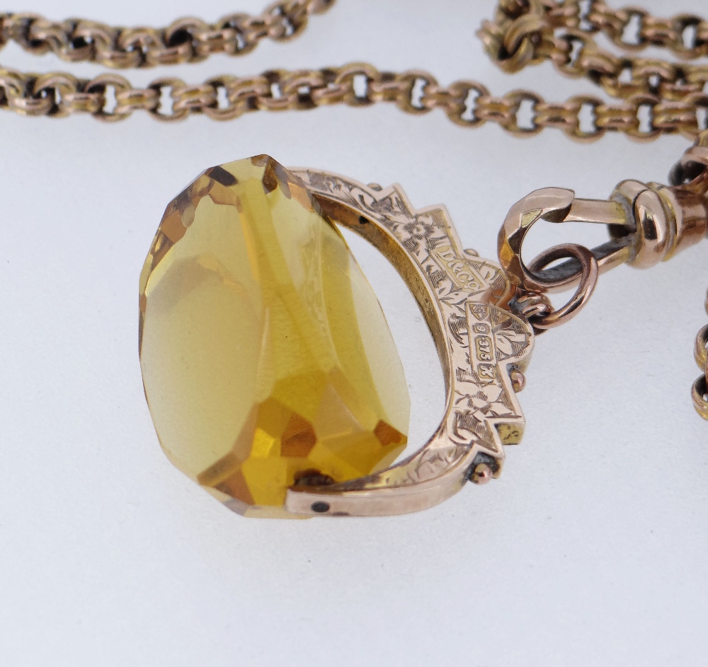 9CT GOLD REVOLVING CITRINE FOB, on long 9ct gold guard chain, 150cms long, 35.3gms overall - Image 2 of 8