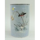 ROYAL DOULTON CYLINDRICAL VASE, probably Titanian Ware, painted with a bullfinch on a winter