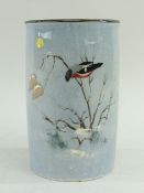 ROYAL DOULTON CYLINDRICAL VASE, probably Titanian Ware, painted with a bullfinch on a winter