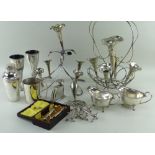 ASSORTED SILVER PLATED WARES including two epergnes, pair of vases, pair of sauce boats, sprung