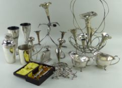 ASSORTED SILVER PLATED WARES including two epergnes, pair of vases, pair of sauce boats, sprung