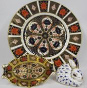 ROYAL CROWN DERBY 1128 PATTERN PLATE & DISH along with a rabbit paperweight with gold stopper, 27cms