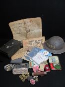 MILITARY POLICE HELMET, regimental badges and buttons, Rolls razor, 1943 copy of 'Tee Mem' and other