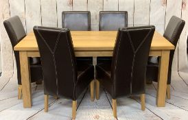 ULTRA-MODERN LIGHT OAK DINING TABLE, 77.5cms H, 180cms L, 90.5cms W & SIX CHAIRS in brown leather