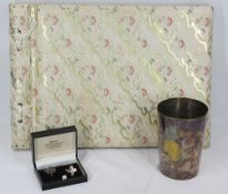 MIXED COLLECTABLES, 3 ITEMS - a pair of hallmarked silver cross cufflinks, EP beaker/ex tankard